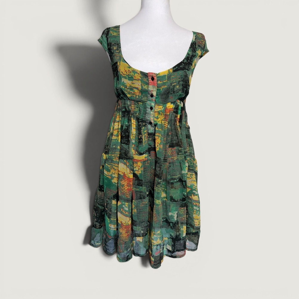 Urban Outfitters Green Abstract Print Lace Up Back Tiered Mini Dress Small